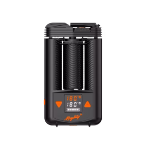 Front view of the Mighty+ vaporizer showing the digital display, control buttons, and compact design.